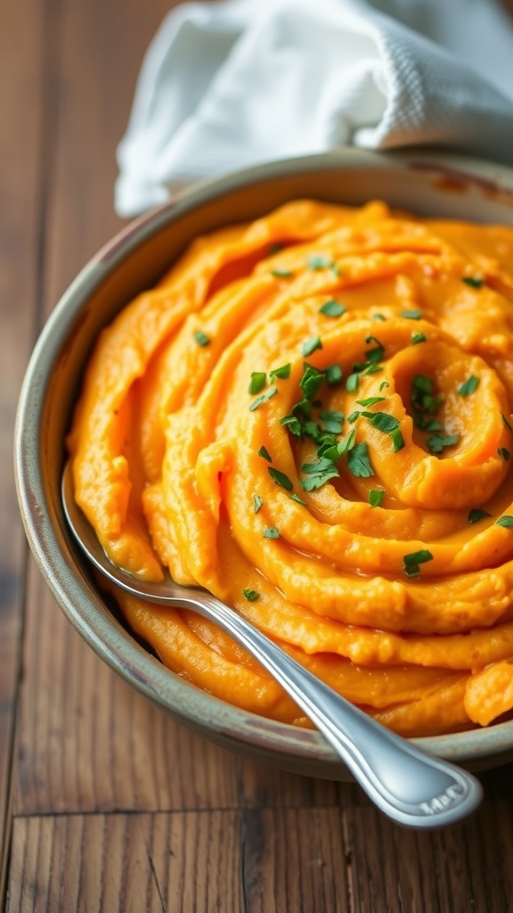 Creamy mashed sweet potatoes in a bowl, garnished with herbs on a wooden table.
